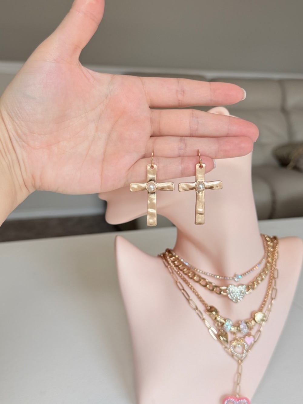 Gold Cross Dangle Earring with Center Accent - Picture 8 of 11